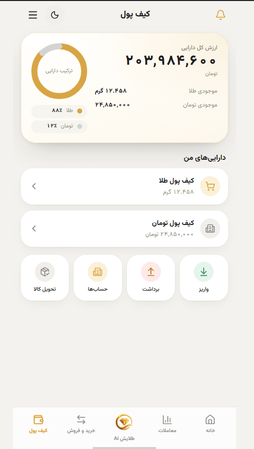 Monedero de oro y tomanes y distribución de activos en la app Talayesh