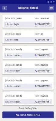 Nakliye ve lojistik uygulamasında kullanıcı listesi